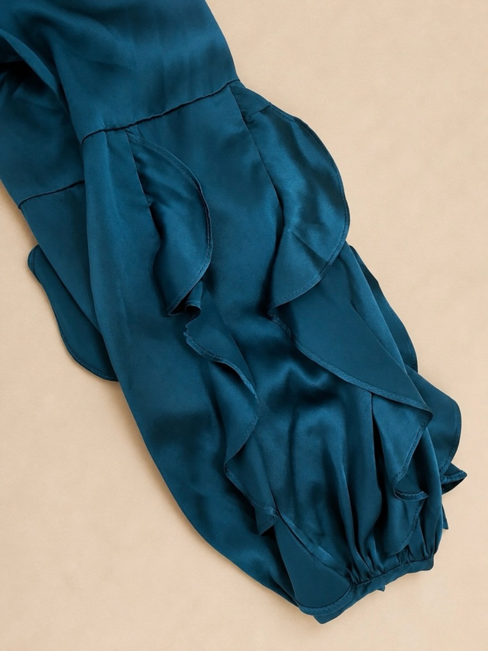 Alice & Trixie 100% Silk Ruffle Sleeve Blouse Teal Tie Neck USA Size L - Picture 4 of 7